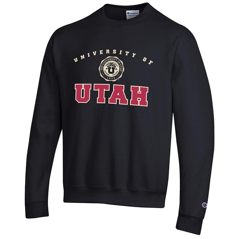 Champion Academic Logo Black Crew Neck Sweatshirt University of Utah Campus Store